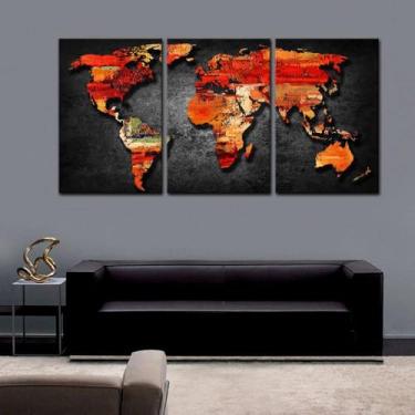 Imagem de Quadro Decorativo Mapa Mundi, 3 Peças em Canvas, Vermelho e Laranja, 150 x 75 cm
