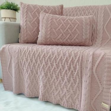 Imagem de Kit Manta Tricot Luxo 150x90cm + 2 Almofadas com Enchimento | Zíper Invisível | Fibra Siliconada | Sofá Sala | Xale Decorativo Elegante s05 (Rosa Ballet)