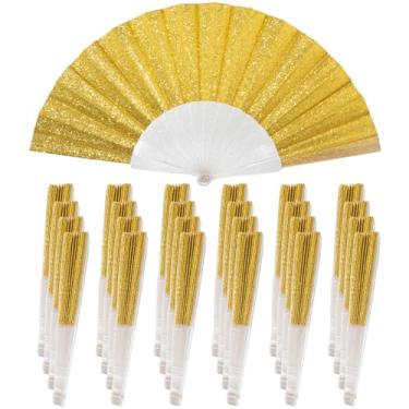Imagem de Pacote com 24 ventiladores de mão, ventilador dobrável de glitter com nervuras transparentes brilhantes – Ideal para casamento, igreja, festival, dança, festa de chá, clube e acessórios EDM, amarelo