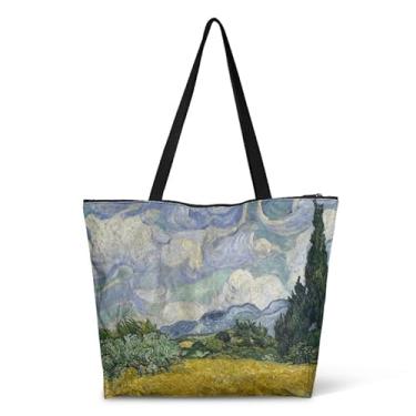 Imagem de Jolamirel Sacola de trabalho grande à prova d'água para amantes da arte, bolsa feminina de arte Van Gogh, bolsas de viagem, Campo de trigo com ciprestes, One Size