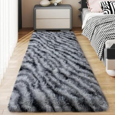 Imagem de Ailyei Tapetes macios para corredores de quarto, 5 x 15 cm preto e branco felpudo tapete antiderrapante para dormitório de cabeceira, tapete peludo longo e felpudo para berçário e sala de estar