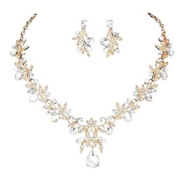 Imagem de Conjunto Colar Brinco Dourado Zircônia Cúbica Prata Floral Folha - Casamento Festa Formatura Debutante - Presente Noiva Madrinha Mãe Namorada Amiga - Luxo Réveillon Ano Novo (Prateado-Dourado)