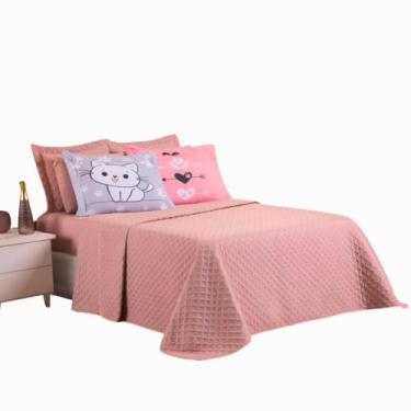 Imagem de Colcha Coxa Cobre Leito Jogo Roupa Cama Casal King 5 Peças Dupla Face Macio Pet Love Gato Grande Rose