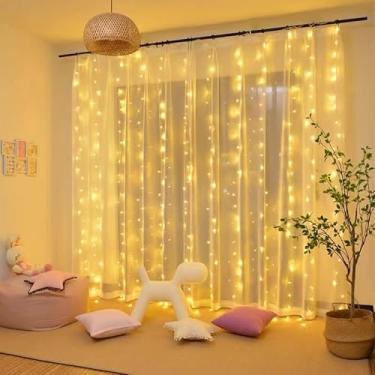 Imagem de Generic Cortina de luz branca quente de 200 LEDs para festa/casamento/festival/Natal, corda de luz piscante para quarto/sala de estar, plugue USB com 8 modos