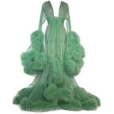 Imagem de Mulheres Sexy Lllusion Longo Lingerie Robe Camisola Feather Robe Fur Trim Robe Camisola Roupão De Banho Sleepwear Feather Nupcial Robe Vestido De Noiva, A, One Size