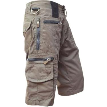 Imagem de Calças Cargo Masculinas Comprimento 3/4 Com Muitos Bolsos Shorts Cargo Bolsos Largos Com Zíper Bermudas Pretas Calças De Lazer Confortáveis Masculinas Shorts De Trabalho Vinta, Brown, L