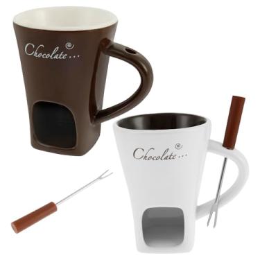 Imagem de Canecas de fondue de chocolate contêm copos e garfos de fondue Bliss, conjunto de copos de derretimento de chocolate com garfos, mini canecas de fondue de cerâmica, conjunto de panelas de fondue para