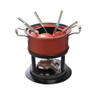 Imagem de Conjunto de Fondue em Aço Inox, Base Aquecedora, 6 Garfos, Panela Vermelha, para Chocolate e Queijo