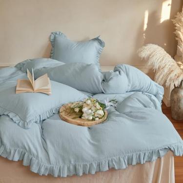 Imagem de Simple&Opulence Conjunto de capa de edredom 100% algodão musselina, tamanho Queen, capa de edredom de 2 camadas de gaze com textura de linho, 3 peças, roupa de cama boho chique respirável e macia para