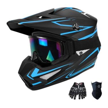 Imagem de TTMiku Capacete DOT Youth Adult Motocross Dirt Bike com luvas de óculos e máscara, fivela de liberação rápida ajustável, viseira de sol ATV BMX MX Quad Off-Road, azul, M