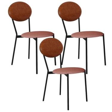 Imagem de Kit 03 Cadeiras Estofada Para Sala De Jantar Azuri Preto C01 Linho Rosê Courino Caramelo - Lyam Decor