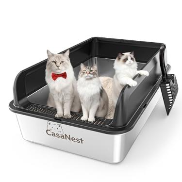 Imagem de Caixa de areia para gatos de aço inoxidável XXXL 71 cm × 51 cm × 25 cm Caixa de areia de metal extra grande para gatos grandes, multi gatos, panela de metal antivazamento e antiaderente, fácil de