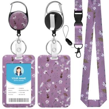 Imagem de Soleebee Porta-crachá de identificação com cordão, emblemas de identificação de flores roxas fofos e cordão destacável, chaveiro retrátil, carretel de crachá resistente para enfermeiras, estudantes