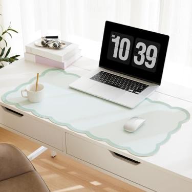 Imagem de Ohocut Tapete de mesa recortado, 80 cm x 39,9 cm grande verde sálvia, acessórios de mesa estéticos, couro PU, computador, laptop, mesa, mouse, teclado, tapete de maquiagem para penteadeira/trabalho