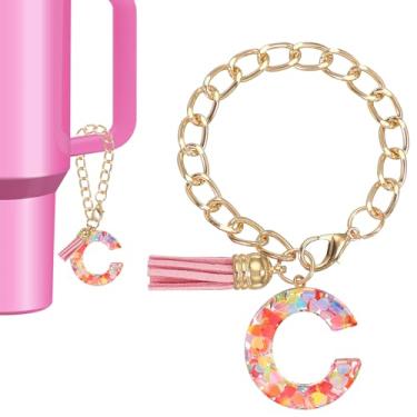 Imagem de Berloque de letra para copo Stanley, lindo pingente inicial C acessórios para chaveiro Stanley Tumbler Handle chaveiro personalizado para mulheres, rosa