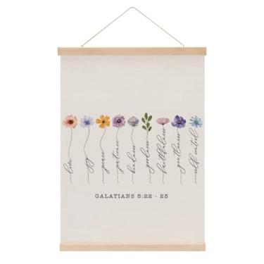 Imagem de Cabide de pôster de arte de parede Fruit of the Spirit, Boho Floral Christian Bible Verses Poster Frame with Wooden Hangers for Home Bedroom Wall Decor, Banner Pendurado, Presentes de Natal e