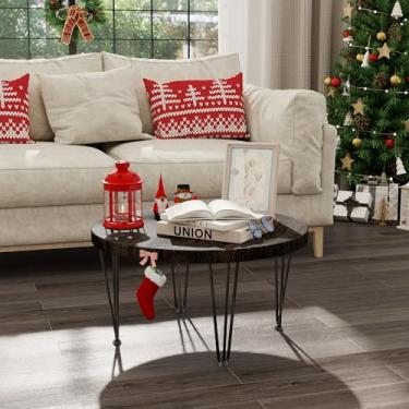 Imagem de Fun Memories Mesa de centro redonda - Mesa de assentamento de madeira de olmo com pernas de metal e base antiderrapante para pés - Mesas de canto rústicas para sala de estar e quarto - 69,8 cm P x