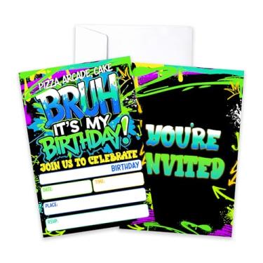 Imagem de CLIRBE Convites de festa de aniversário Bruh, Convites de aniversário de neon brilhante para irmão irmão meninos adolescentes, 20 cartões de convites com 20 envelopes, lembrancinhas de artigos de