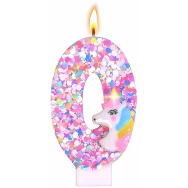 Imagem de Decoração de velas de aniversário com número de unicórnio, suprimentos de festa de aniversário com tema de unicórnio, topo de bolo de aniversário de lantejoulas com glitter para meninos e meninas