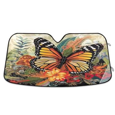 Imagem de ATTX Para-brisa de carro borboleta laranja 139.7 cm x 70.1 cm escudo solar universal com proteção UV, persiana de janela frontal automática dobrável para caminhões Sedans SUVs #851