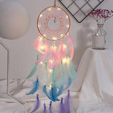 Imagem de Generic Apanhador de Sonhos, Penas Coloridas, Tecido à Mão, Pendurado na Parede Com Luz para Decoração de Quarto de Casa, Contas, Corda, Bateria Incluída para Adultos, Crianças, Rosa
