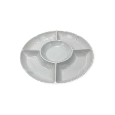 Imagem de Petisqueira Redonda 5 Divisórias, Melamina Branca, 30cm Diâmetro, para Aperitivos e Salgados