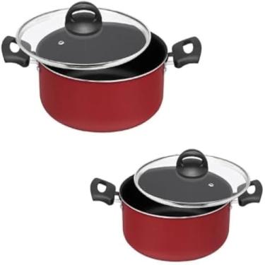 Imagem de Conjunto panelas antiaderentes para cozinhar alimentos com tampas de vidro, vermelha.