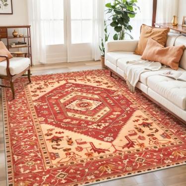 Imagem de SERISSA Boho Tapete de área 12 x 18 cm vermelho bege, lavável para sala de estar, ultramacio, antiderrapante, para quarto, estampado, vintage, tribal, casa de fazenda, para sala de jantar, dormitório
