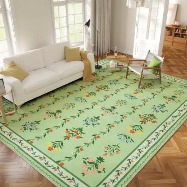 Imagem de Tapete verde para área grande, 2,4 x 3 m, lavável à máquina, tapetes florais grossos, vintage, antiderrapante, impermeável, para sala de estar, quarto, sala de jantar, resistente a manchas