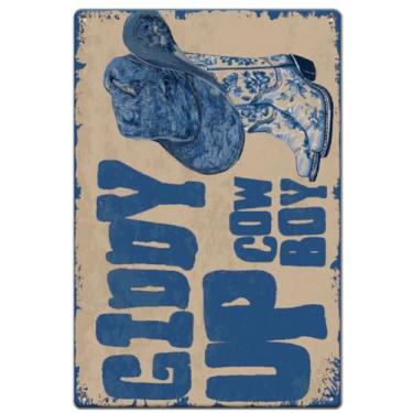 Imagem de SUPERDANT Cartaz de letreiro de metal caubói ocidental com letreiros de metal caubói botas vintage arte de parede placa decoração de parede para sala de estar quarto homem caverna garagem banheiro bar