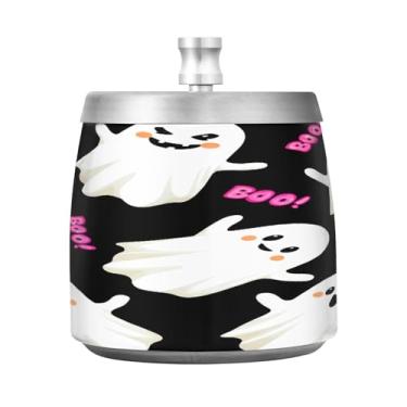 Imagem de Qilmy Cinzeiro de aço inoxidável Cute Ghosts com tampa - Cinzeiro de cigarro à prova de vento sem cheiro sem fumaça para casa, escritório, carro, pátio, varanda (uso interno e externo)