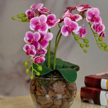 Imagem de Arranjo de Orquídea Artificial em Silicone 3D com Vaso de Vidro – Flor Artificial Decorativa para Sala e Escritório (Roxo)