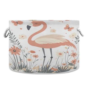 Imagem de JUZIHAI Cesta de armazenamento dobrável com estampa de flamingos, cesto de roupa suja para bebê, cobertor com alças de corda de algodão, caixa organizadora de armário dobrável para quarto, berçário