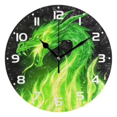Imagem de JUZIHAI Relógio de parede redondo com dragão verde, silencioso, sem tique-taque, operado por bateria, fácil de ler, relógio decorativo de parede para casa, cozinha, sala de estar, quarto, escritório