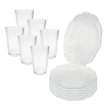 Imagem de Jogo 12 Peças Aparelho de Jantar 6 Pratos Fundo Liso Vidro + 6 Copos L