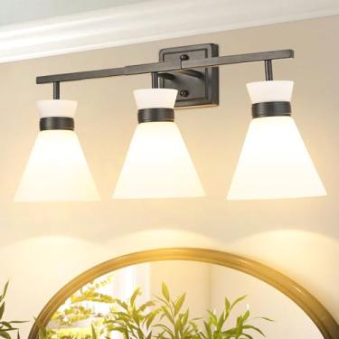Imagem de NICOLONOR Luminárias pretas para banheiro, luzes modernas de banheiro de 3 luzes sobre o espelho, lâmpada de arandelas de parede com persianas de vidro fosco branco leitoso, base E26 (lâmpadas não