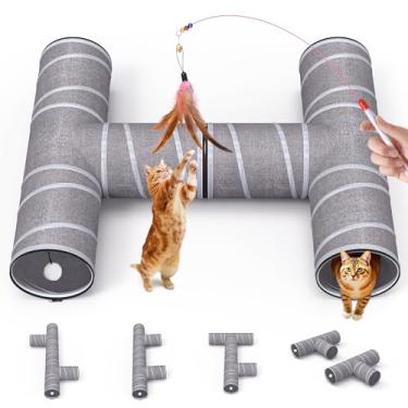 Imagem de PETOCAT Túnel para gatos de 4 vias com varinha provocadora e 2 bolas de pelúcia, 5 formas disponíveis, 147/205 cm L, labirinto dobrável em forma de H para animais de estimação gatinho, coelhinho