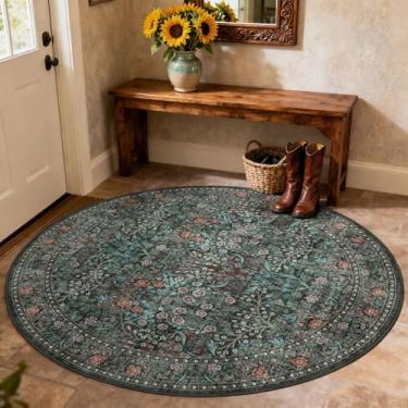 Imagem de Othilic Tapete redondo Boho de 0,9 m – Tapete de banheiro redondo, macio, lavável, preto, verde, floral, antiderrapante, resistente a manchas, vintage, temperamental, círculos escuros, tapetes para