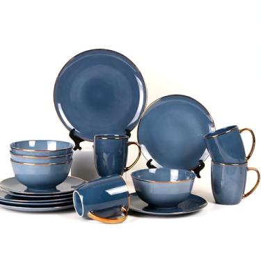Imagem de KOKEN - Conjunto de louça de 16 peças (serviço para 4) porcelana fina - Conjunto de louça da China - Conjunto de pratos, tigelas para 4 - Conjunto de pratos, canecas, tigelas - seguro para micro-ondas
