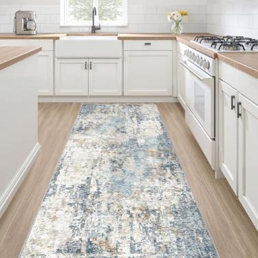 Imagem de Tapete de corredor antiderrapante: 2x6 corredor cozinha lavável abstrato macio moderno resistente a manchas interior piso neutro tapete para banheiro lavanderia entrada quarto - azul