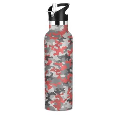 Imagem de Joisal Garrafas de água de aço inoxidável isoladas de 590 ml com tampa de canudo para bebidas frias ou quentes, camuflagem vermelha, preto, cinza, livre de BPA, copos de viagem à prova de vazamento