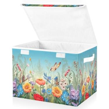 Imagem de Blueangle Cestos de armazenamento de libélulas de flores coloridas com tampas, 42 x 32 x 30 cm, grande cesta organizadora dobrável para decoração de casa e escritório (272)