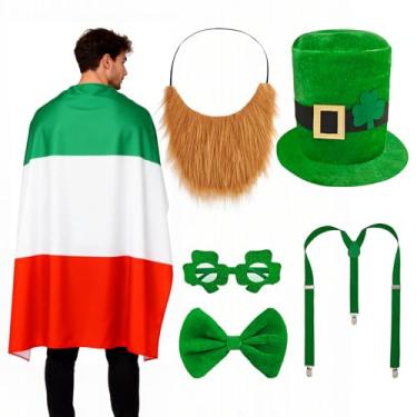 Imagem de EMORBALS Conjunto de fantasia de duende, chapéu de Dia de São Patrício, capa, óculos, suspensórios, gravata borboleta de barba para adultos