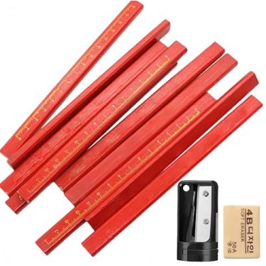 Imagem de uvbws 10 lápis de carpinteiro, com apontador, faca utilitária, borracha, lápis de construção, octogonal plano, madeira vermelha, para marcação de carpinteiro e desenho de construção