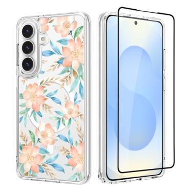 Imagem de OOK Capa protetora magnética antiqueda para Samsung Galaxy S25 Plus compatível com Magsafe, linda floral elegante estética fina e transparente para meninas e mulheres - flor rosa