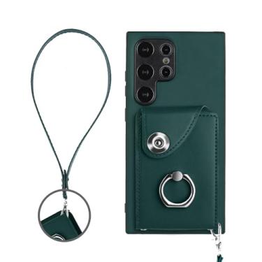 Imagem de Capa carteira para Samsung Galaxy S25 Ultra, 8 compartimentos para cartão com fecho magnético, alça de pulso e alça de dedo giratória de 360° - verde escuro