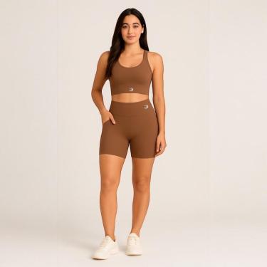 Imagem de Shorts com Bolsos Laterais Marrom Academia Poliamida Treino-Feminino