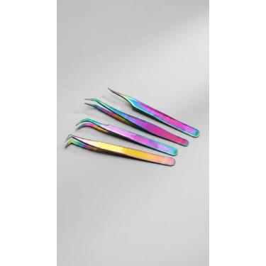 Imagem de Kit 4 Pinças Extensão Cílios Multicor Aço Inox - Congratulations Store