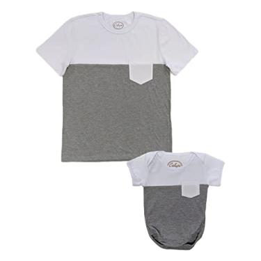 Imagem de Camiseta adulta masculina e body de bebê com bolso tal pai tal filho (Cinza/Branco, adulto EG - body M)