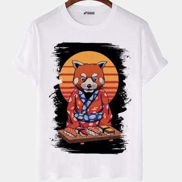 Imagem de Camiseta masculina Desenho Panda Vermelho Animal Arte Camisa Blusa Branca Estampada
